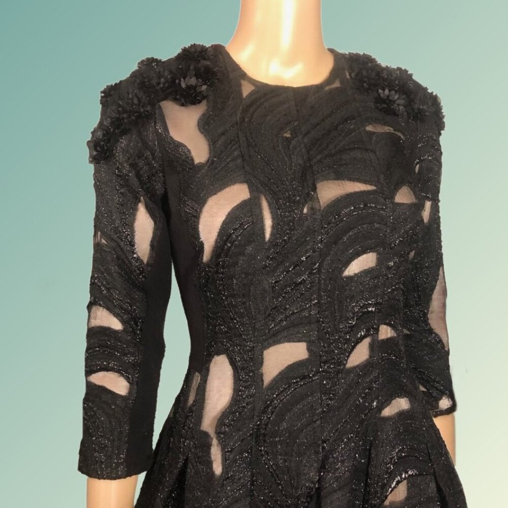 C & M Collection Cutwork Tulle Applique Wavelike Textured Black Midi Dress Sz XS